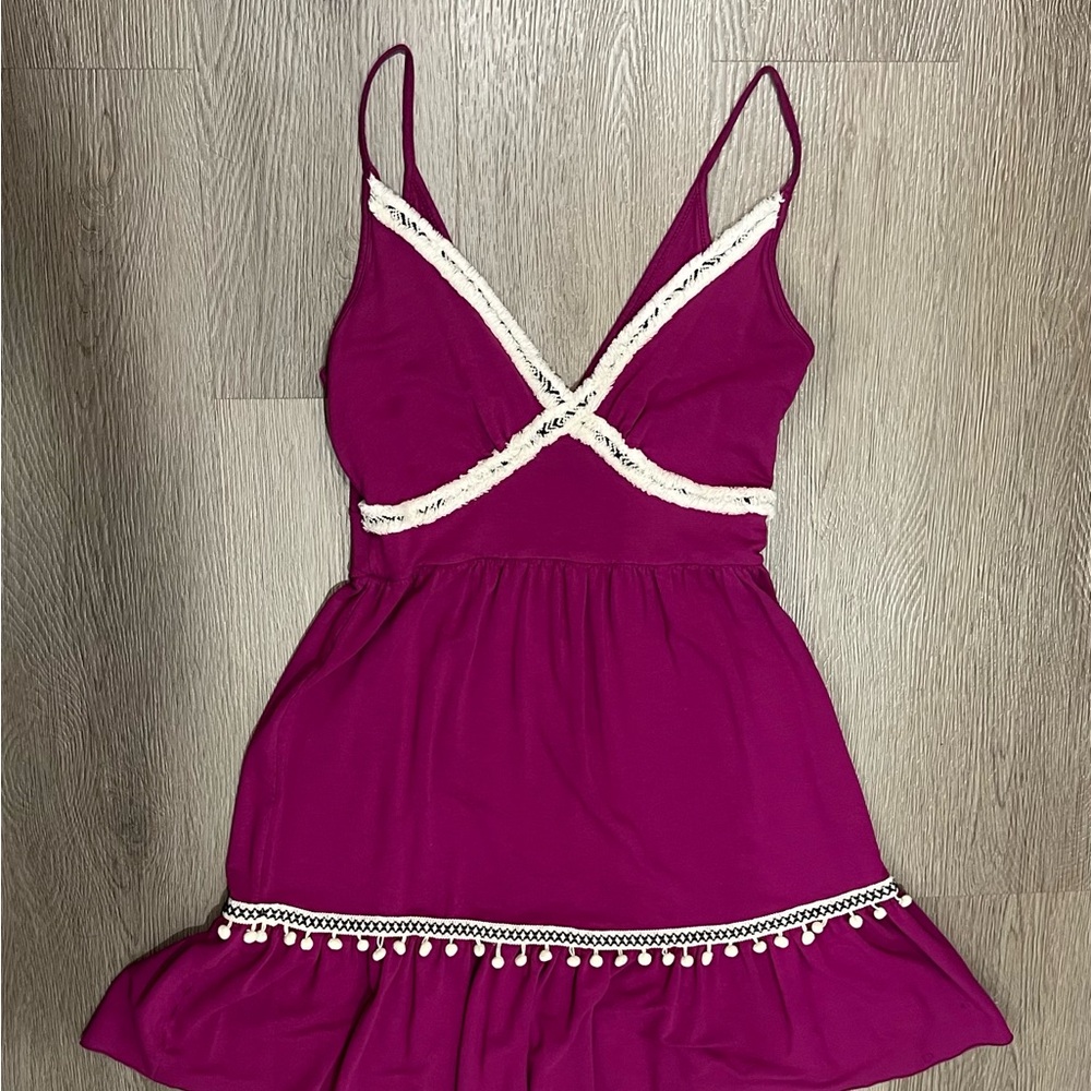 Magenta Spaghetti Strap Dress with Lace Pom Pom Trim